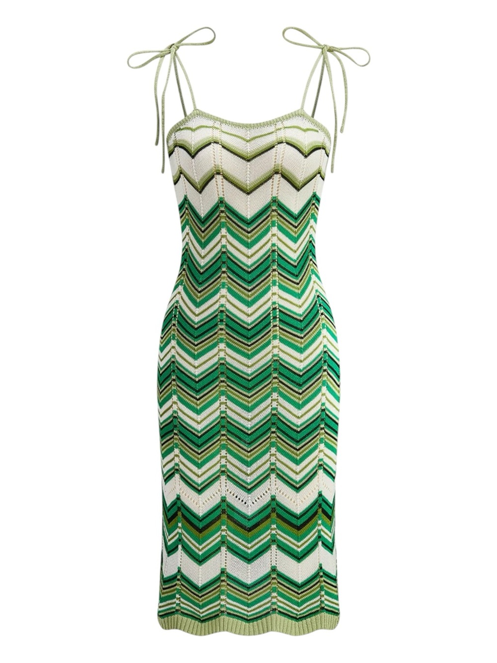 Commense Chevron Knit Tie Strap Midi Dress Green White Sheer NWT Small